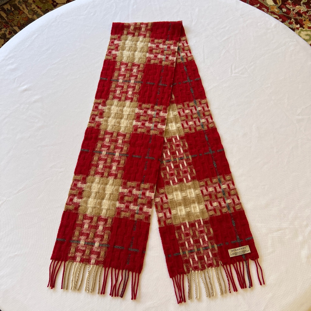 Burberry Merino Cashmere Red, Tan, Cream Plaid Scarf